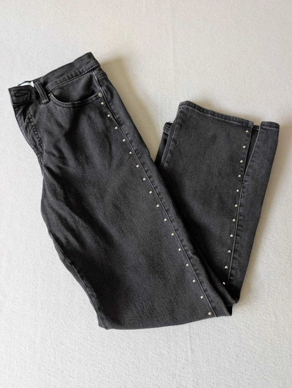Women's Studded Split Hem Relaxed Straight Black Denim High Rise Jeans Sz 4
